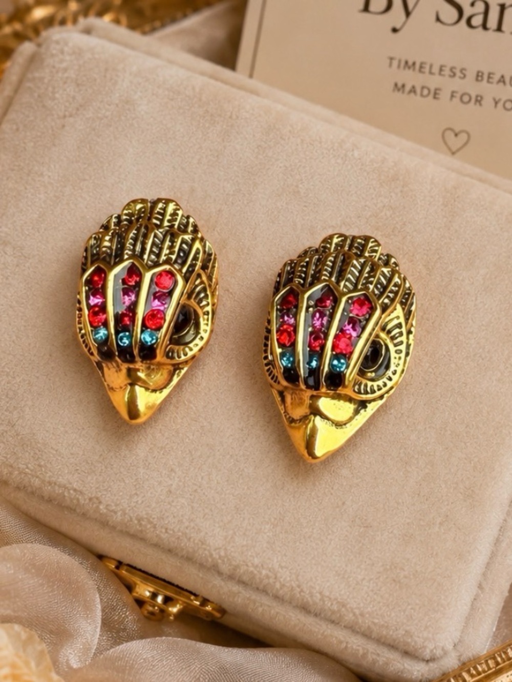 Gold and Red Statement Shield Earrings - Women's Jewelry